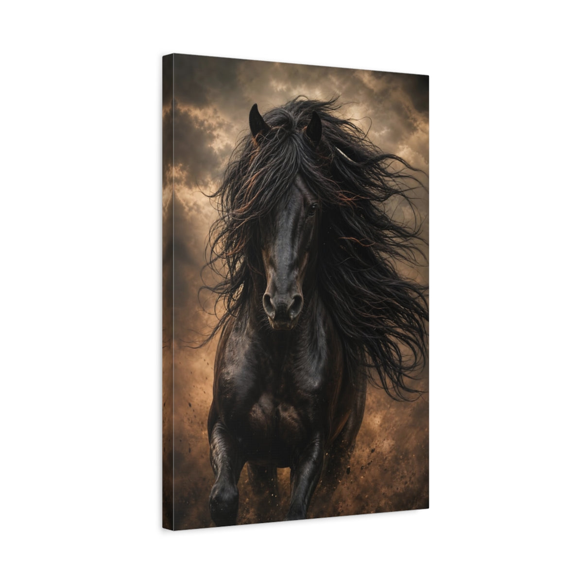 Side Mockup 3. Animals Black Horse Black And Gold shown as stretched canvas wall art