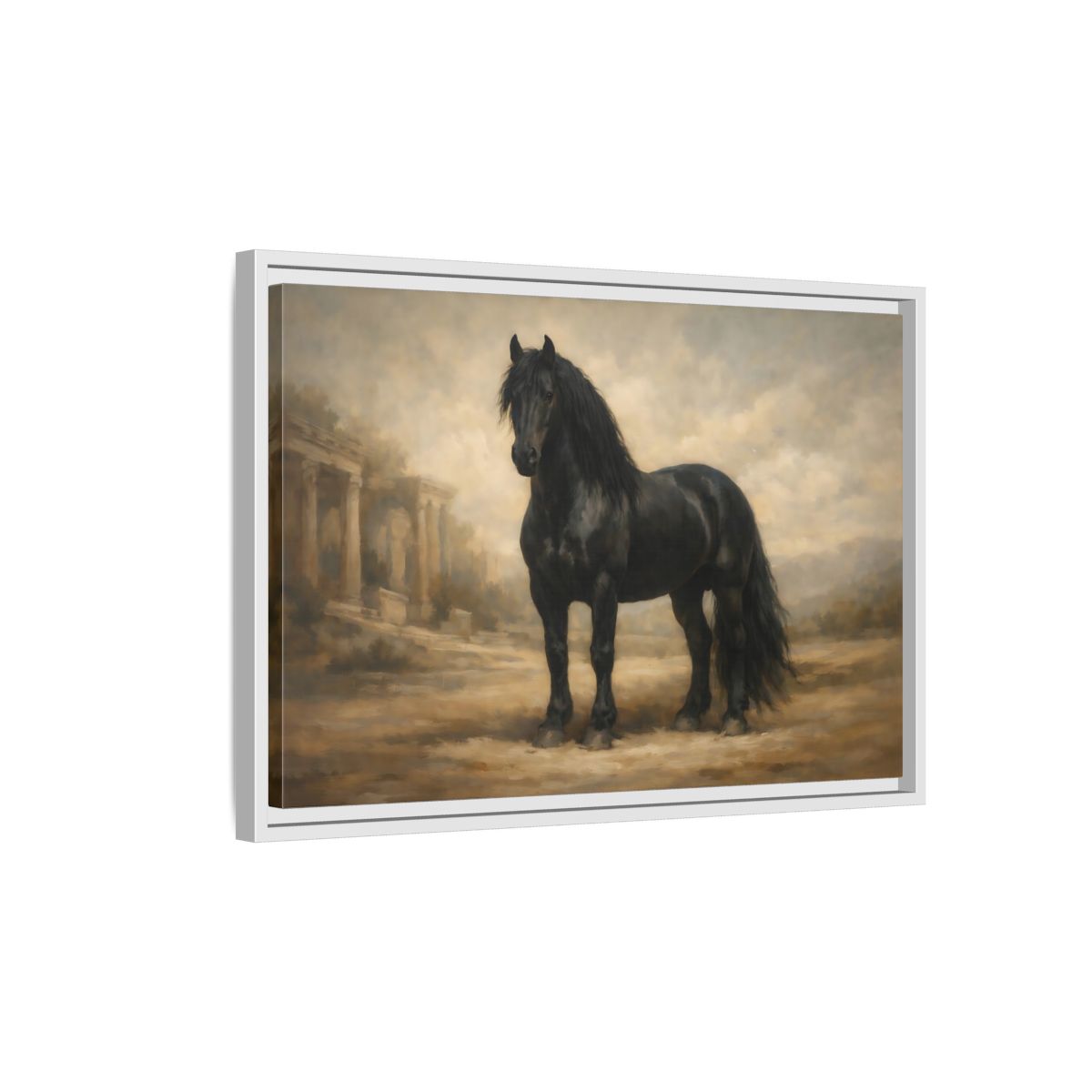 Side Mockup 1. Animals Black Horse Black And Tan shown as stretched canvas wall art