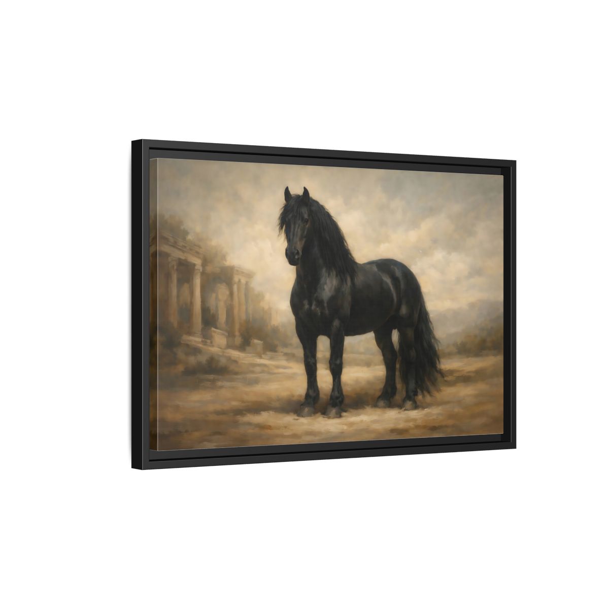 Side Mockup 3. Animals Black Horse Black And Tan shown as stretched canvas wall art
