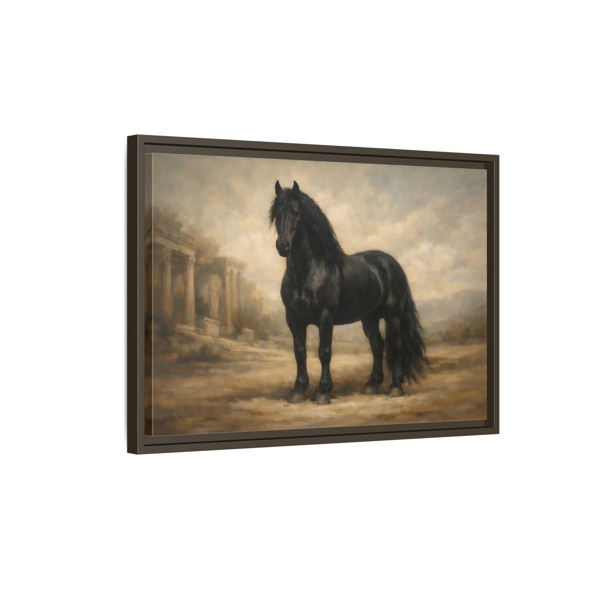 Side Mockup 2. Animals Black Horse Black And Tan shown as stretched canvas wall art