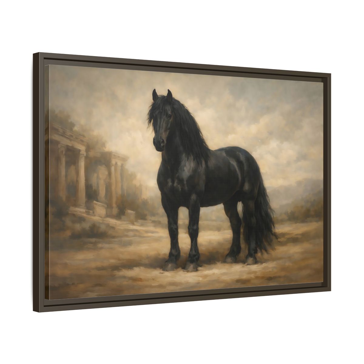 Side Mockup 11. Animals Black Horse Black And Tan shown as stretched canvas wall art