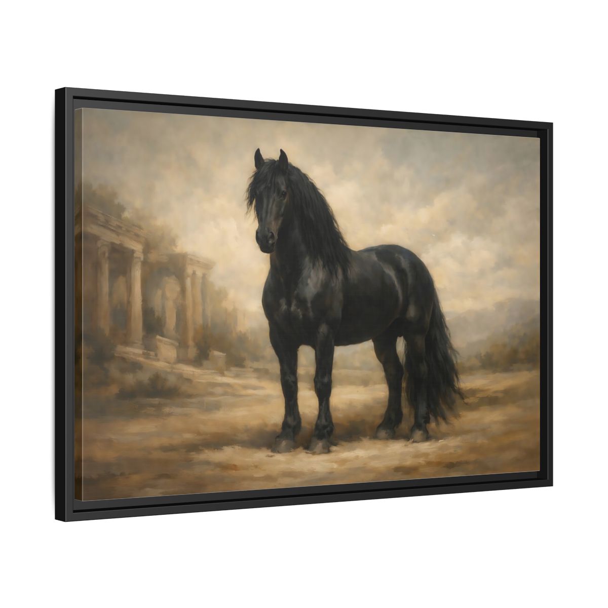 Side Mockup 14. Animals Black Horse Black And Tan shown as stretched canvas wall art