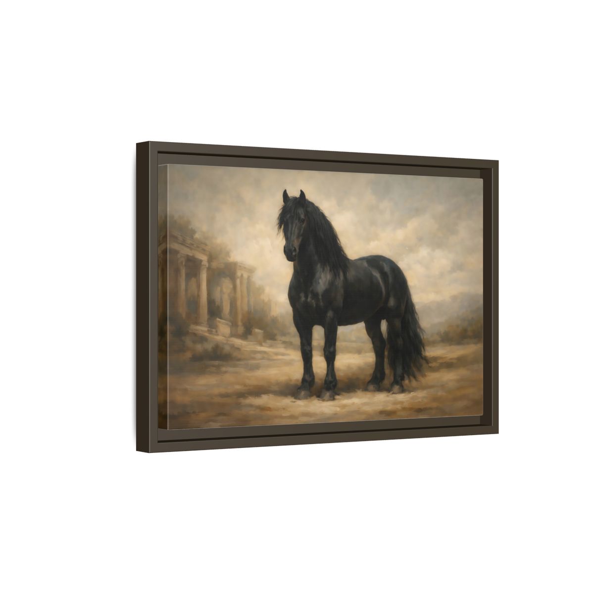 Side Mockup 5. Animals Black Horse Black And Tan shown as stretched canvas wall art