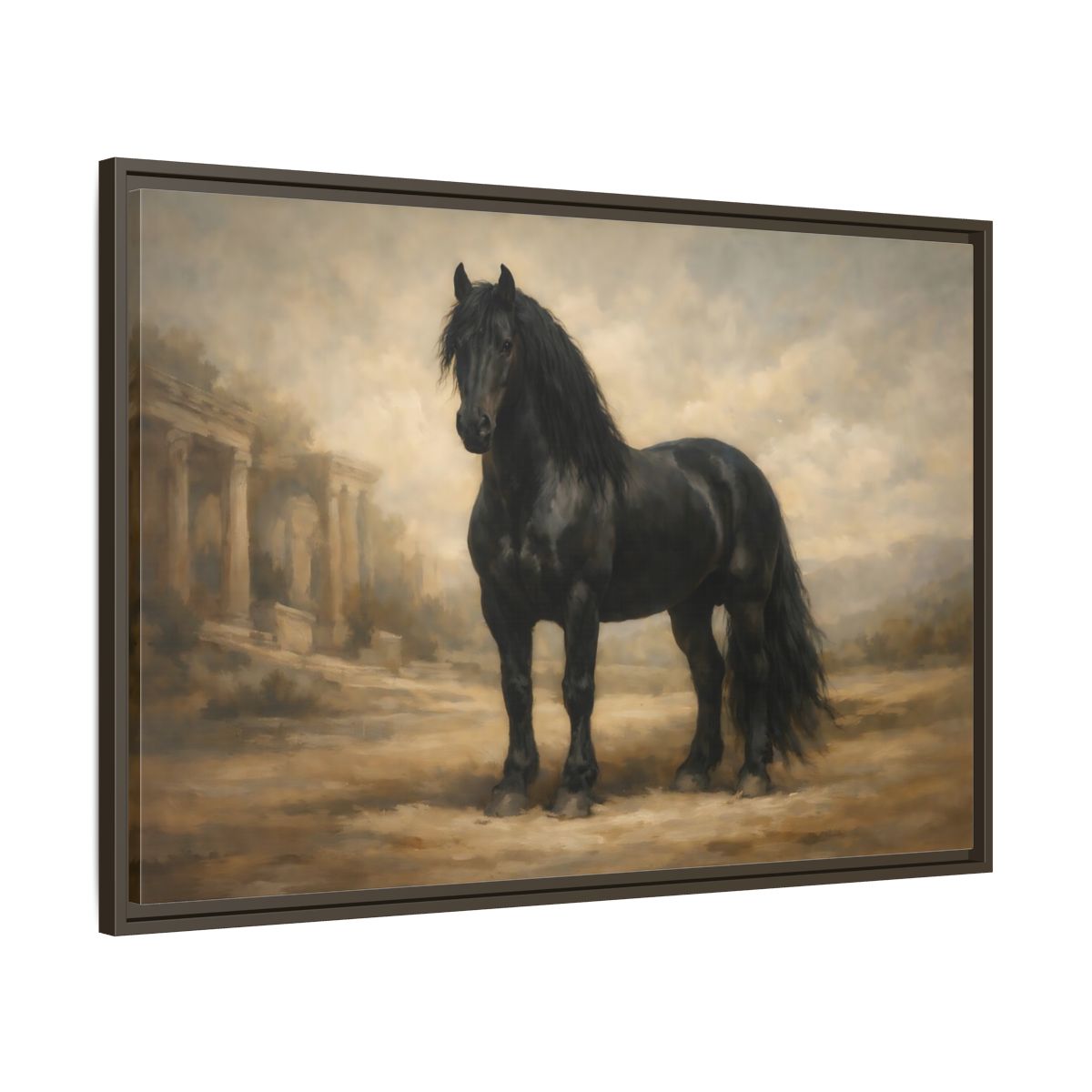 Side Mockup 9. Animals Black Horse Black And Tan shown as stretched canvas wall art