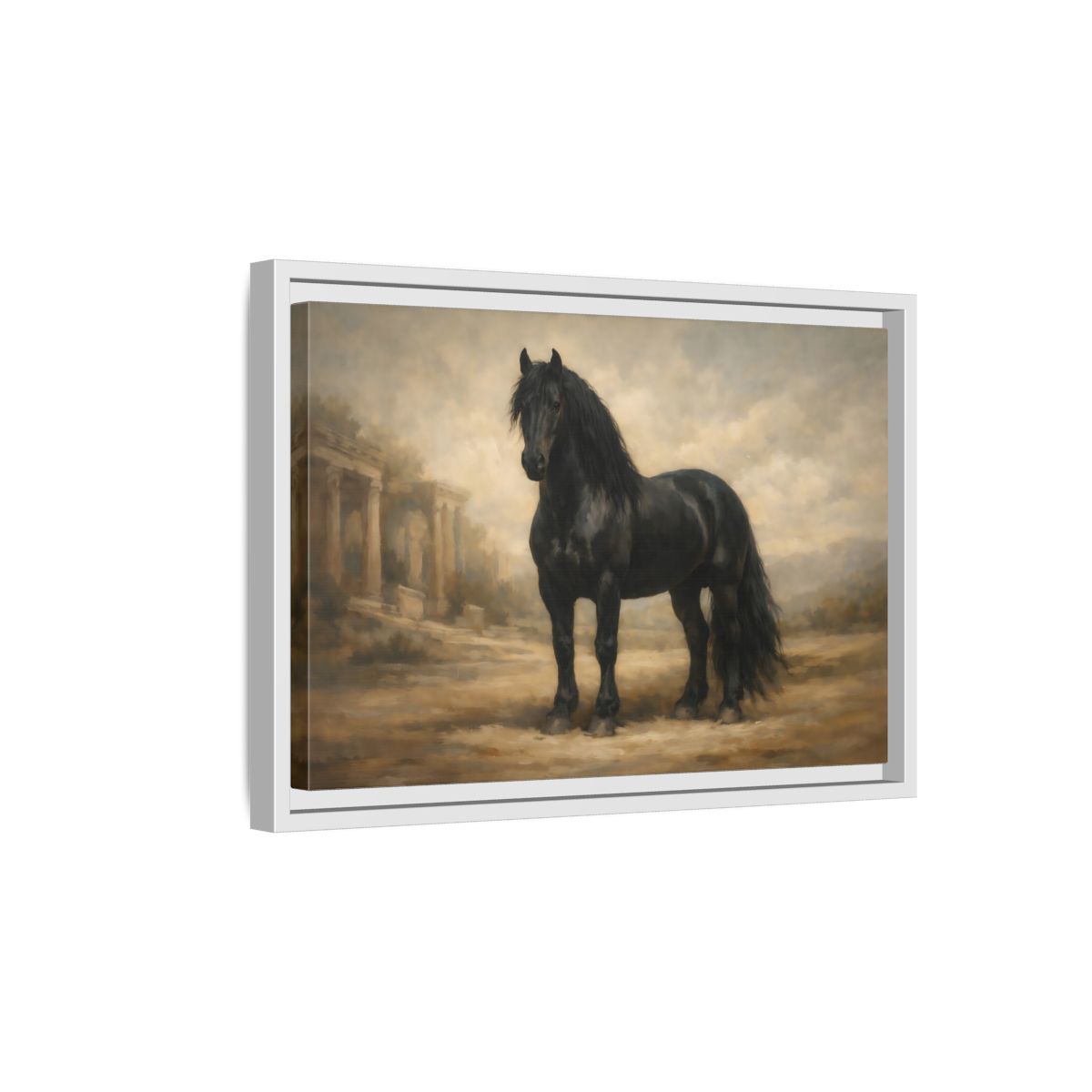 Side Mockup 4. Animals Black Horse Black And Tan shown as stretched canvas wall art