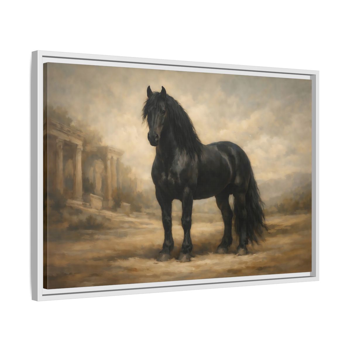 Side Mockup 10. Animals Black Horse Black And Tan shown as stretched canvas wall art