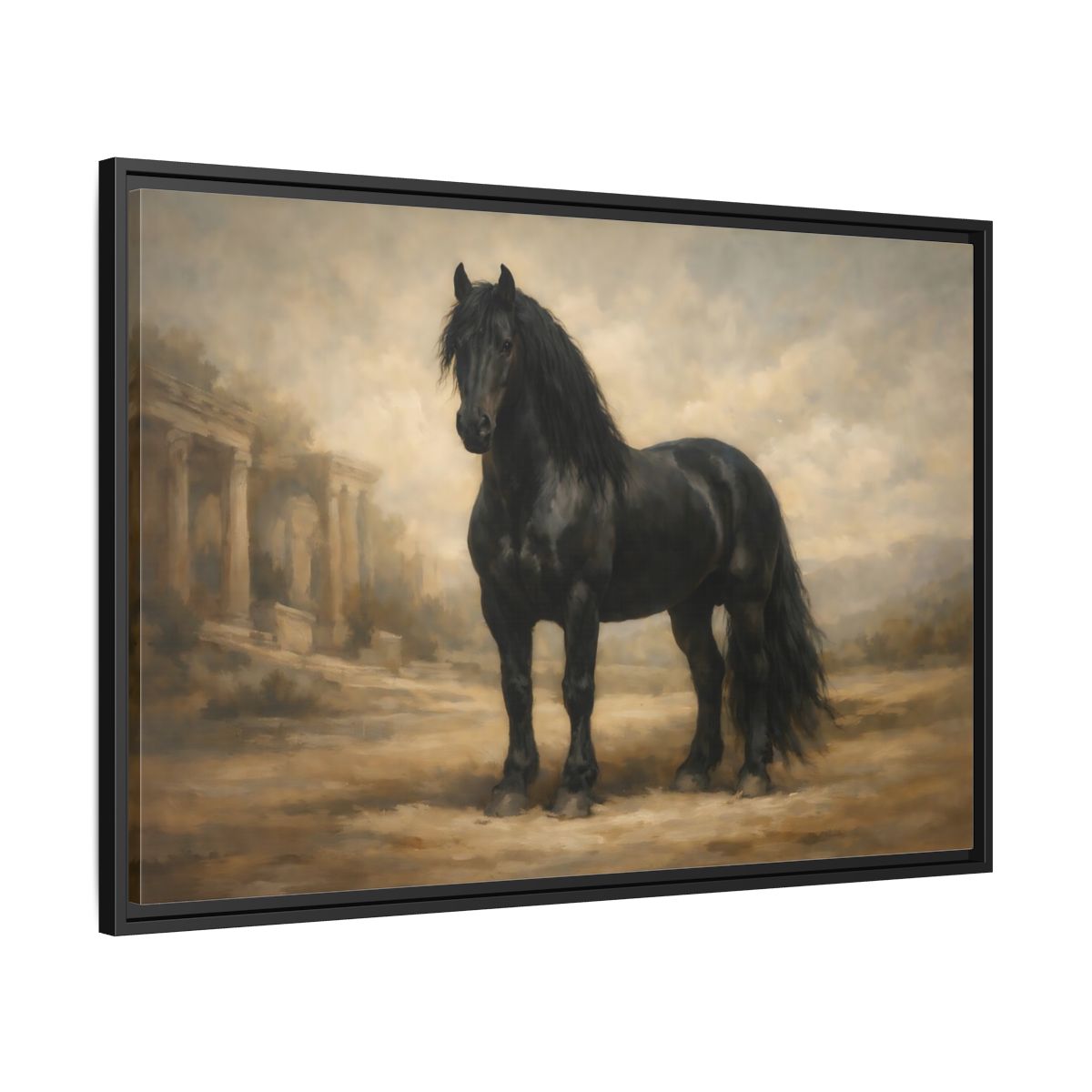 Side Mockup 13. Animals Black Horse Black And Tan shown as stretched canvas wall art