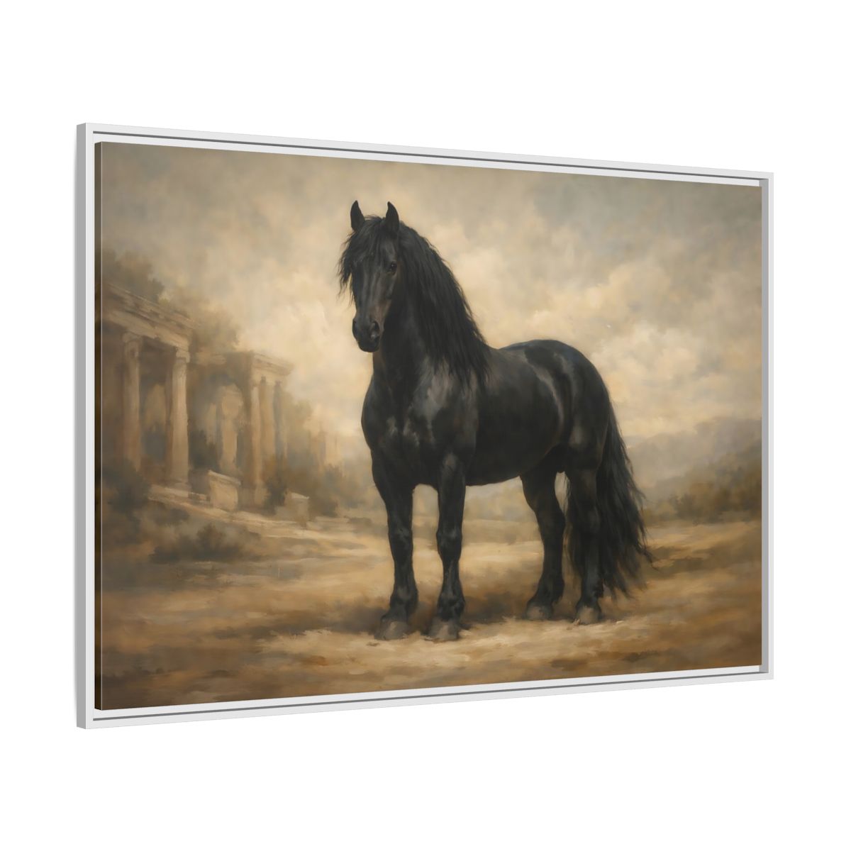 Side Mockup 7. Animals Black Horse Black And Tan shown as stretched canvas wall art