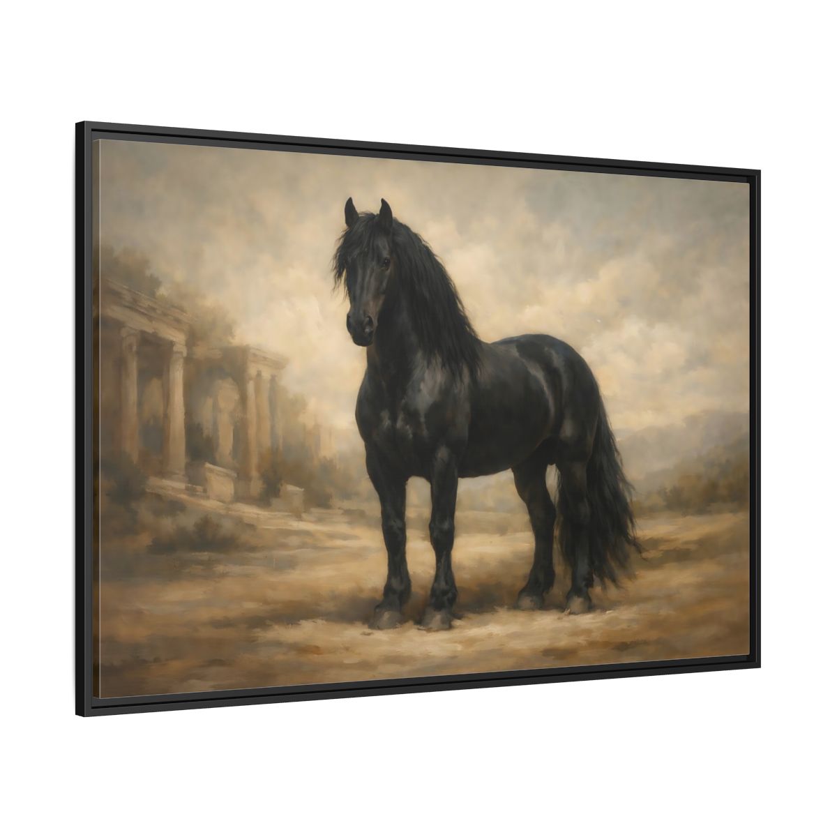 Side Mockup 12. Animals Black Horse Black And Tan shown as stretched canvas wall art