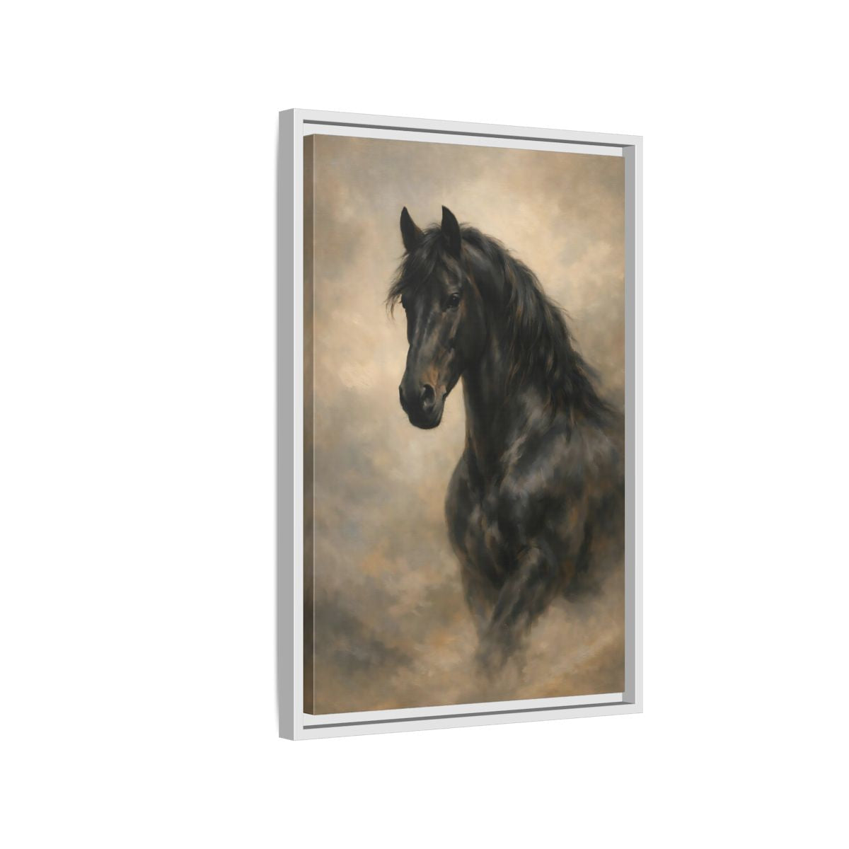 Side Mockup 1. Animals Black Horse Black Horse Art shown as stretched canvas wall art