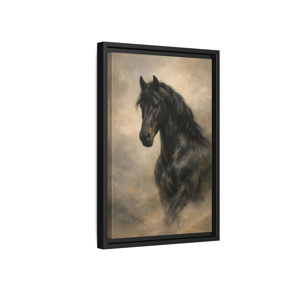 Side Mockup 6. Animals Black Horse Black Horse Art shown as stretched canvas wall art