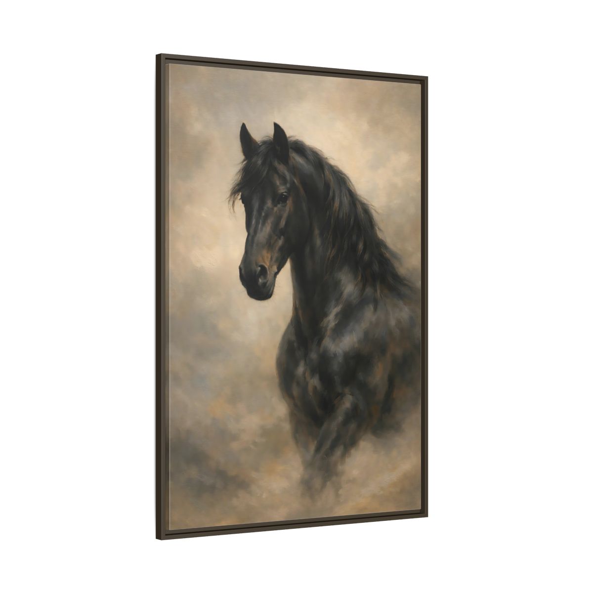 Side Mockup 8. Animals Black Horse Black Horse Art shown as stretched canvas wall art