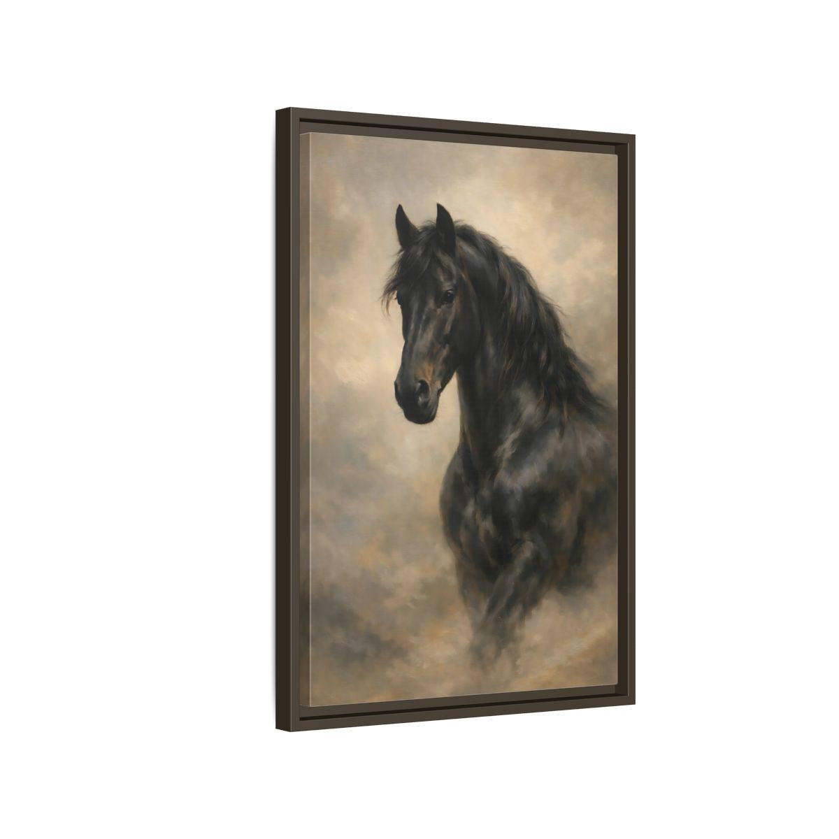 Side Mockup 2. Animals Black Horse Black Horse Art shown as stretched canvas wall art