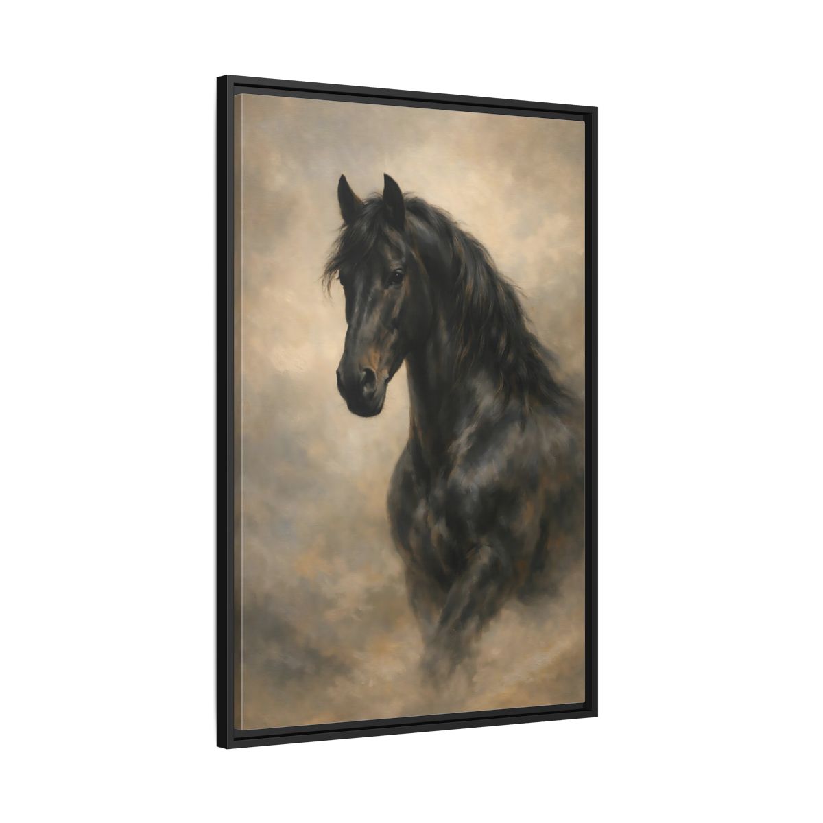 Side Mockup 13. Animals Black Horse Black Horse Art shown as stretched canvas wall art
