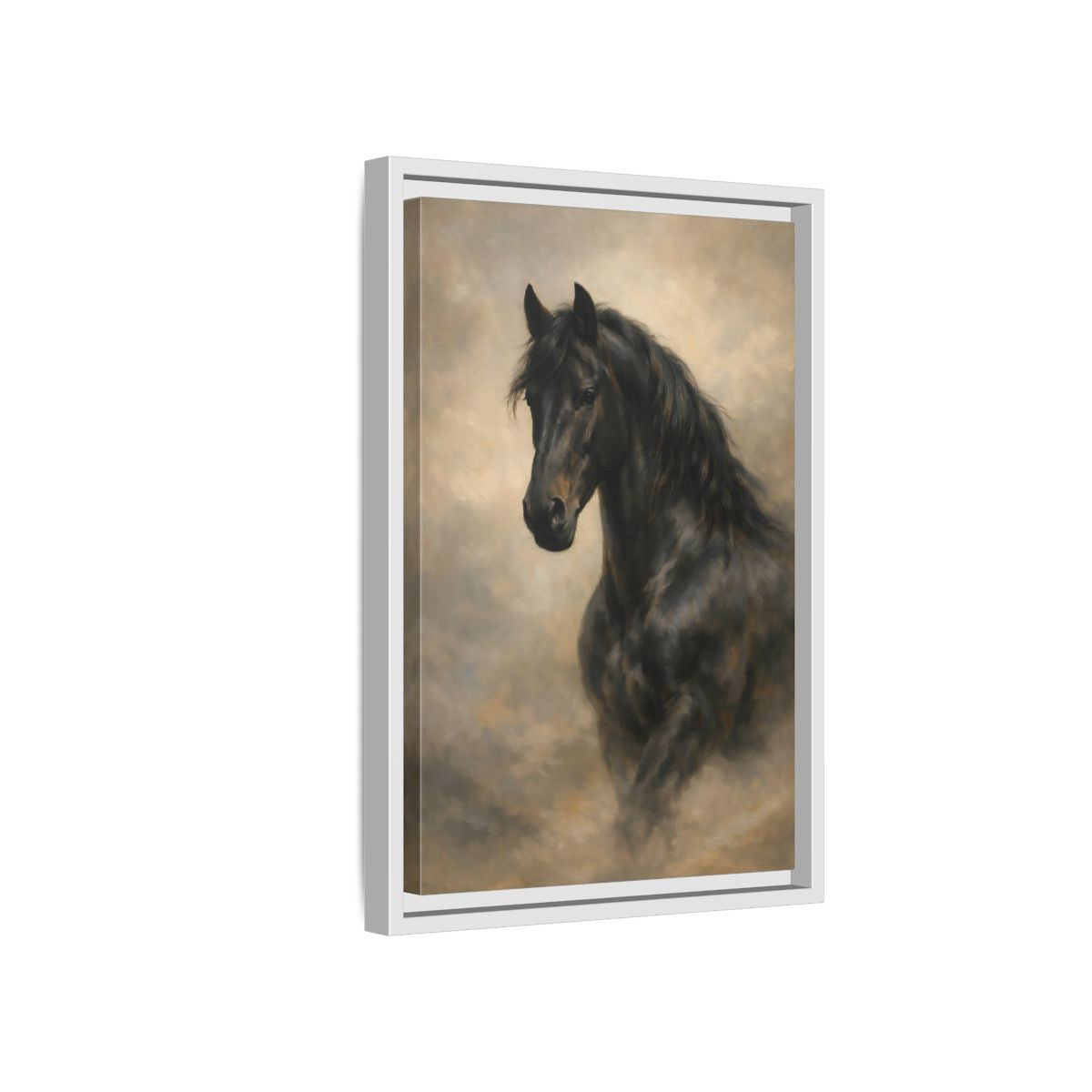 Side Mockup 4. Animals Black Horse Black Horse Art shown as stretched canvas wall art