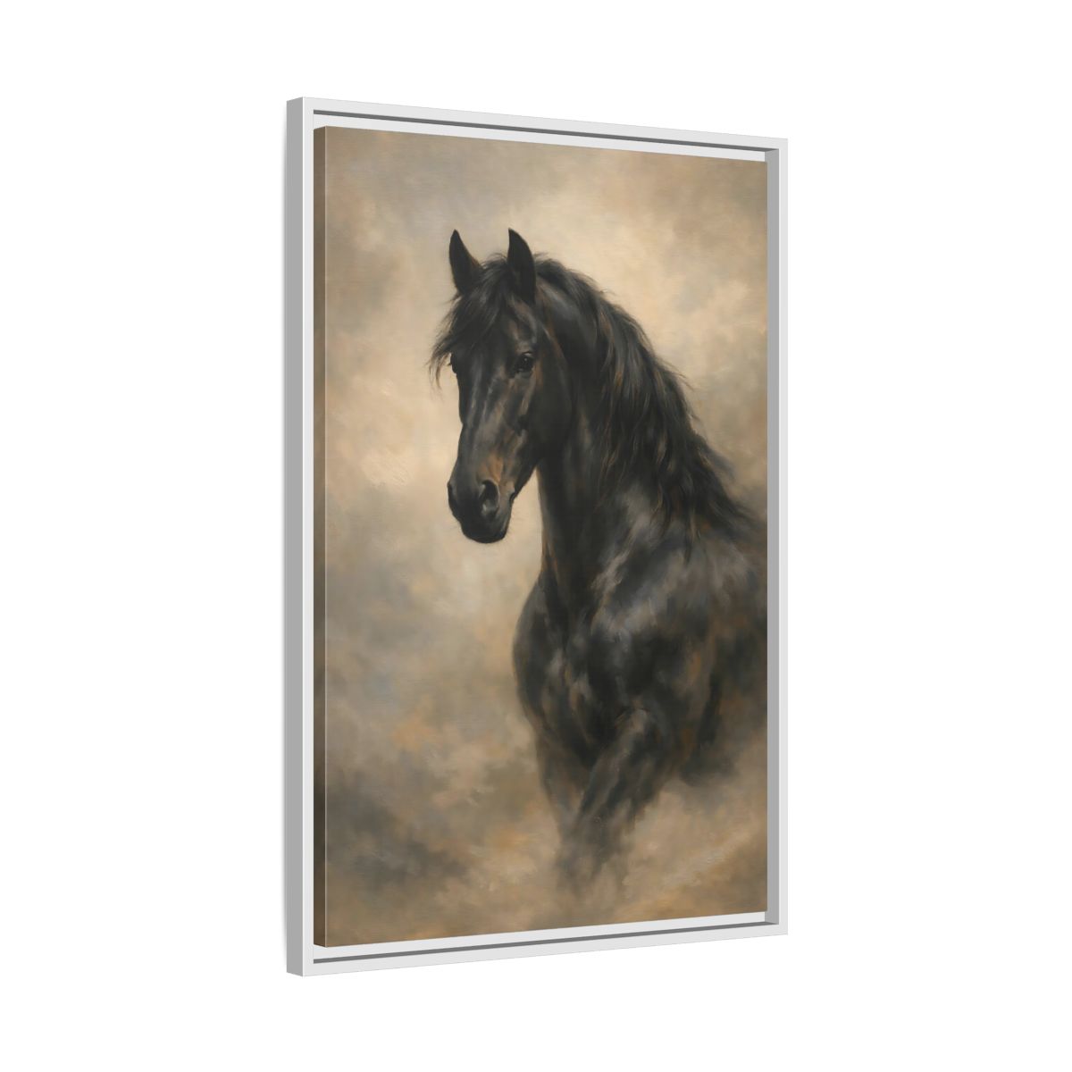Side Mockup 11. Animals Black Horse Black Horse Art shown as stretched canvas wall art