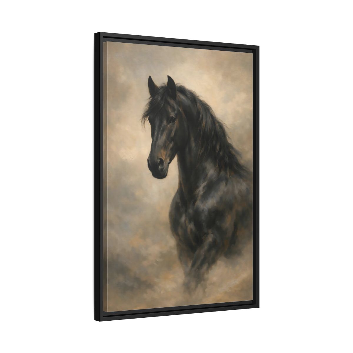 Side Mockup 14. Animals Black Horse Black Horse Art shown as stretched canvas wall art