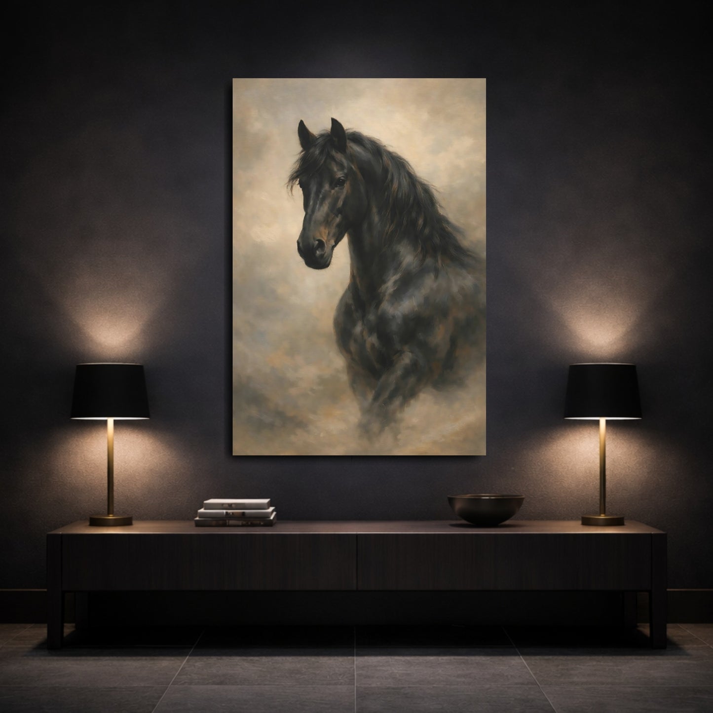 Mockup 2. Animals Black Horse Black And Brown Horse shown as stretched canvas wall art