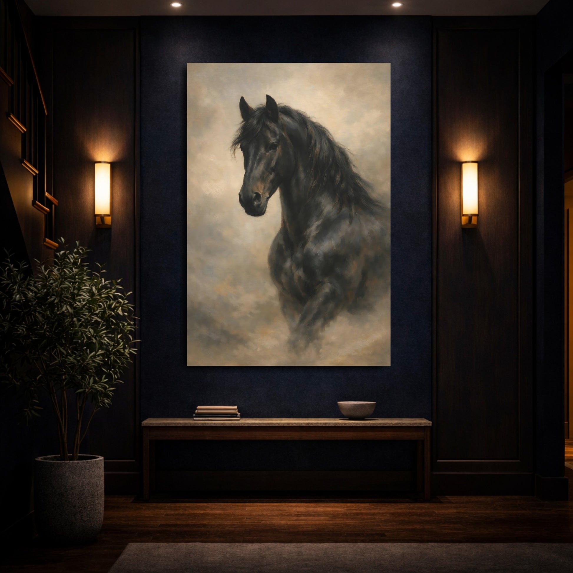 Mockup 3. Animals Black Horse Black And Brown Horse shown as stretched canvas wall art