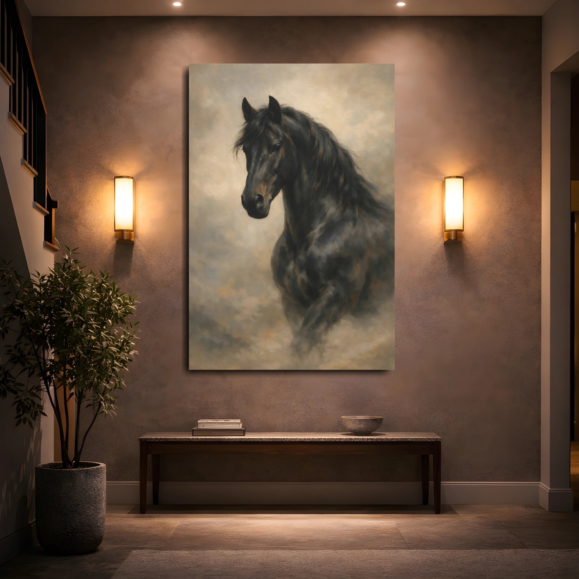 Mockup 4. Animals Black Horse Black And Brown Horse shown as stretched canvas wall art