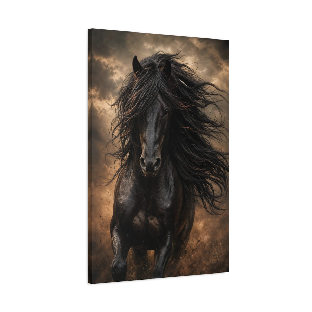 Main Mockup. Animals Black Horse Black And Gold shown as stretched canvas wall art
