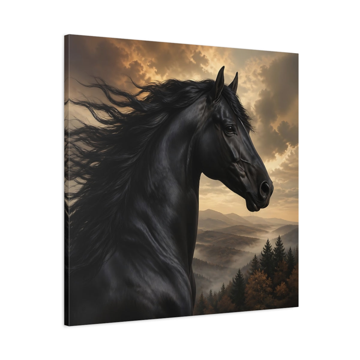 Main Mockup. Animals Black Horse Black And Gold shown as stretched canvas wall art
