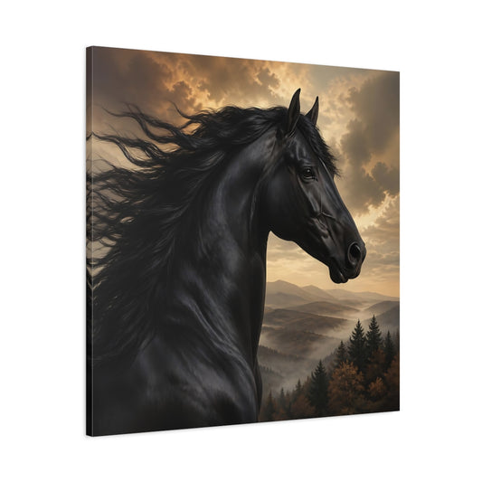 Main Mockup. Animals Black Horse Black And Gold shown as stretched canvas wall art