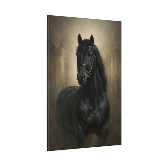Main Mockup. Animals Black Horse Black And Gold Horse shown as stretched canvas wall art