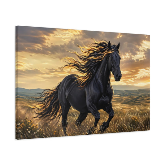 Main Mockup. Animals Black Horse Black And Gold Horse shown as stretched canvas wall art