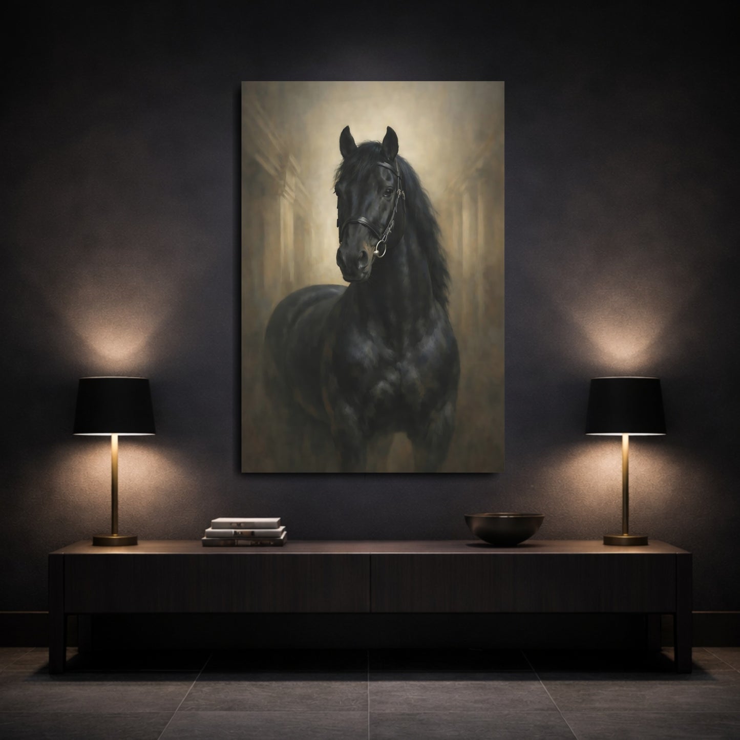 Mockup 2. Animals Black Horse Black And Gold Horse shown as stretched canvas wall art