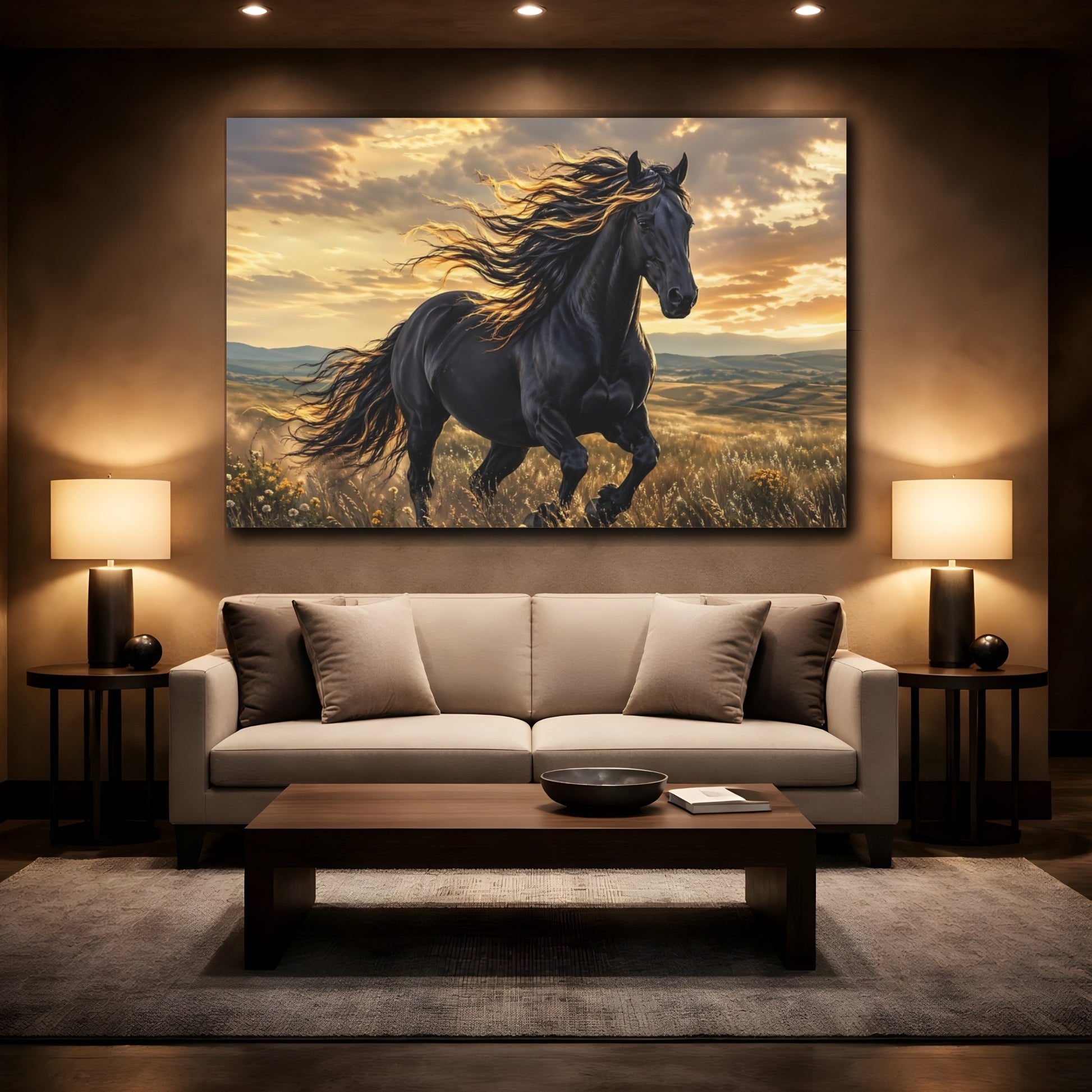 Mockup 2. Animals Black Horse Black And Gold Horse shown as stretched canvas wall art