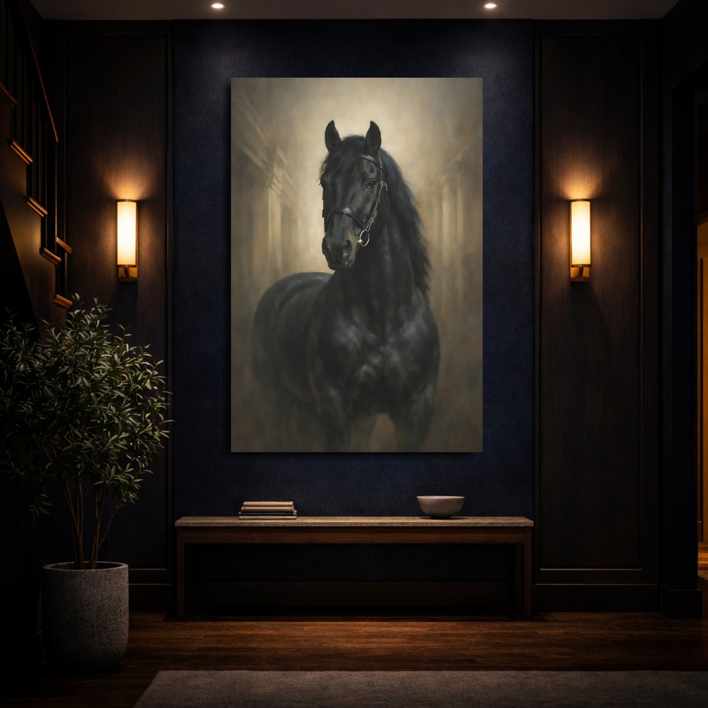 Mockup 3. Animals Black Horse Black And Gold Horse shown as stretched canvas wall art
