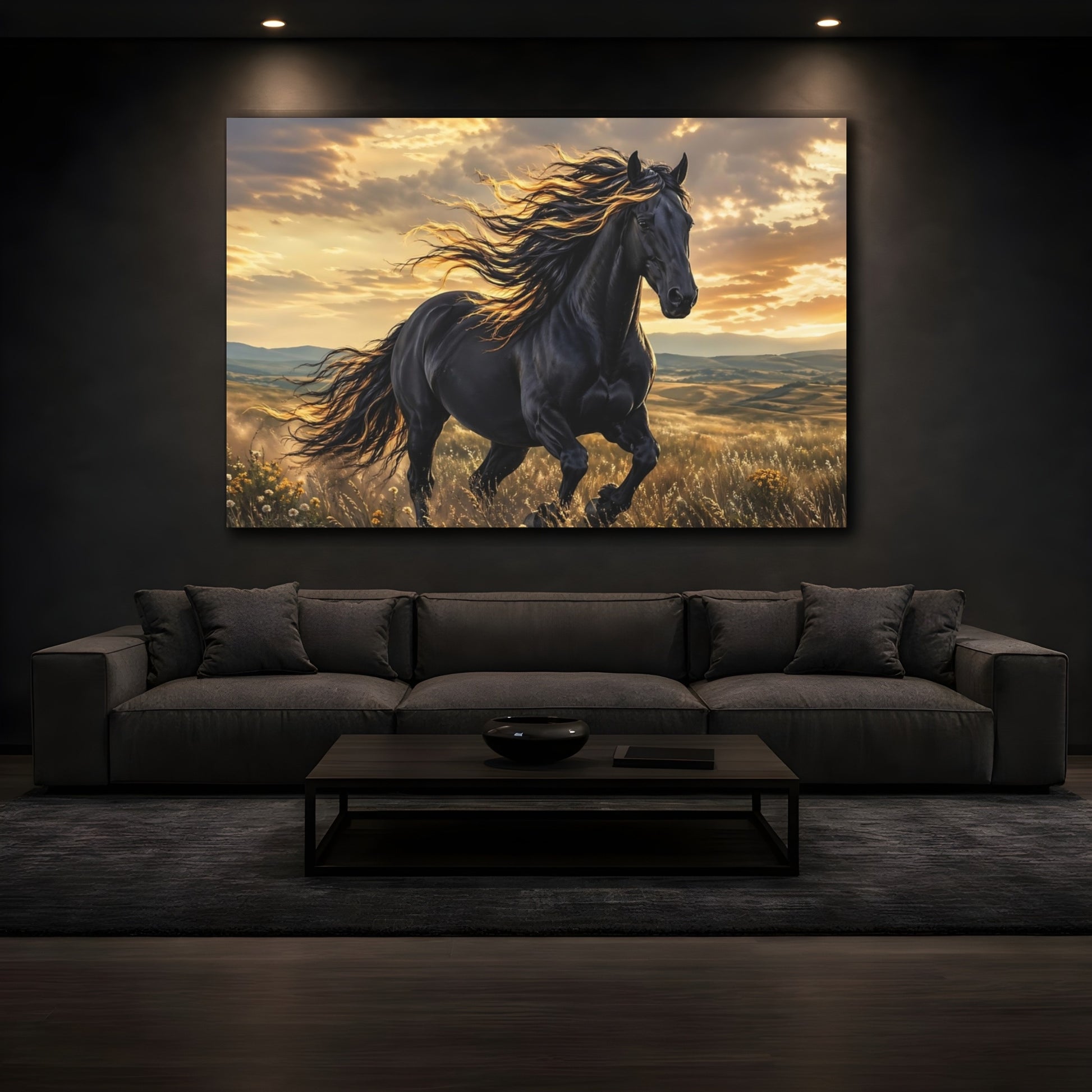 Mockup 3. Animals Black Horse Black And Gold Horse shown as stretched canvas wall art