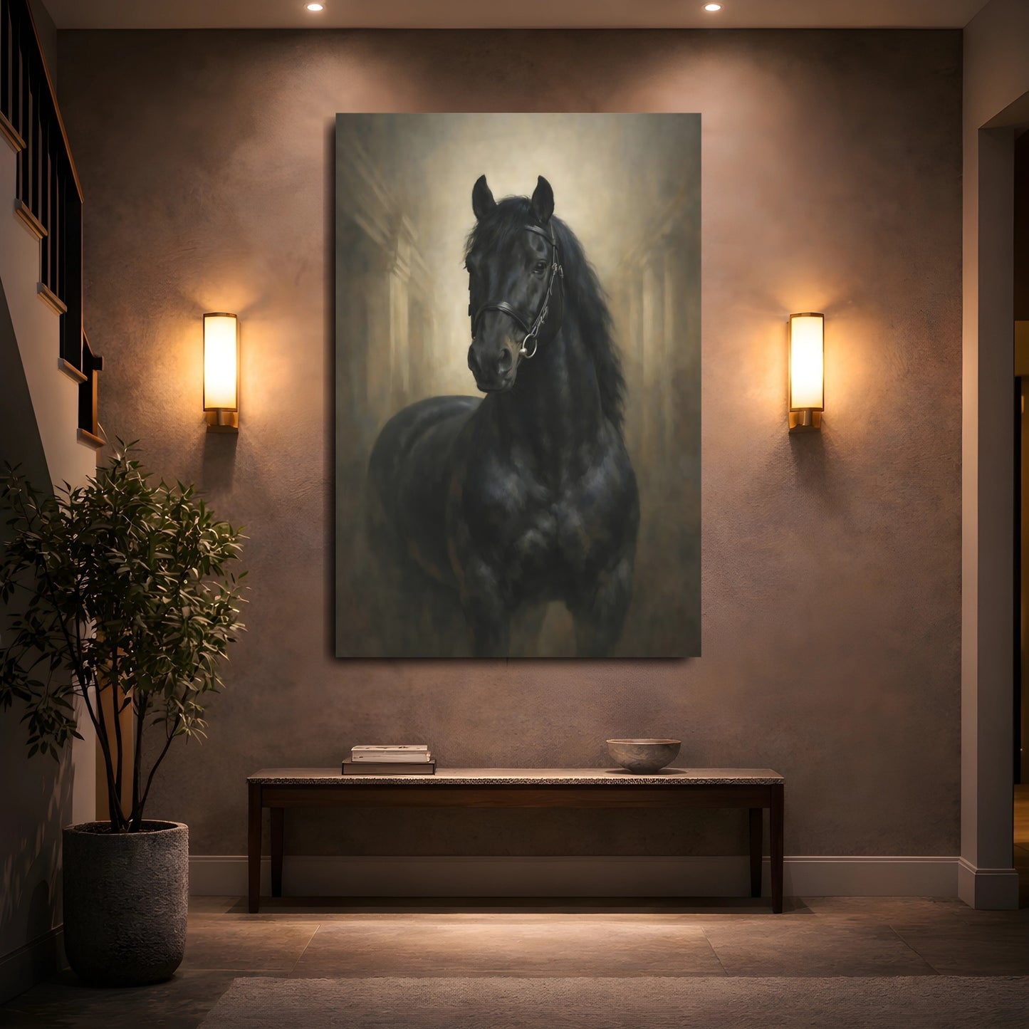 Mockup 4. Animals Black Horse Black And Gold Horse shown as stretched canvas wall art