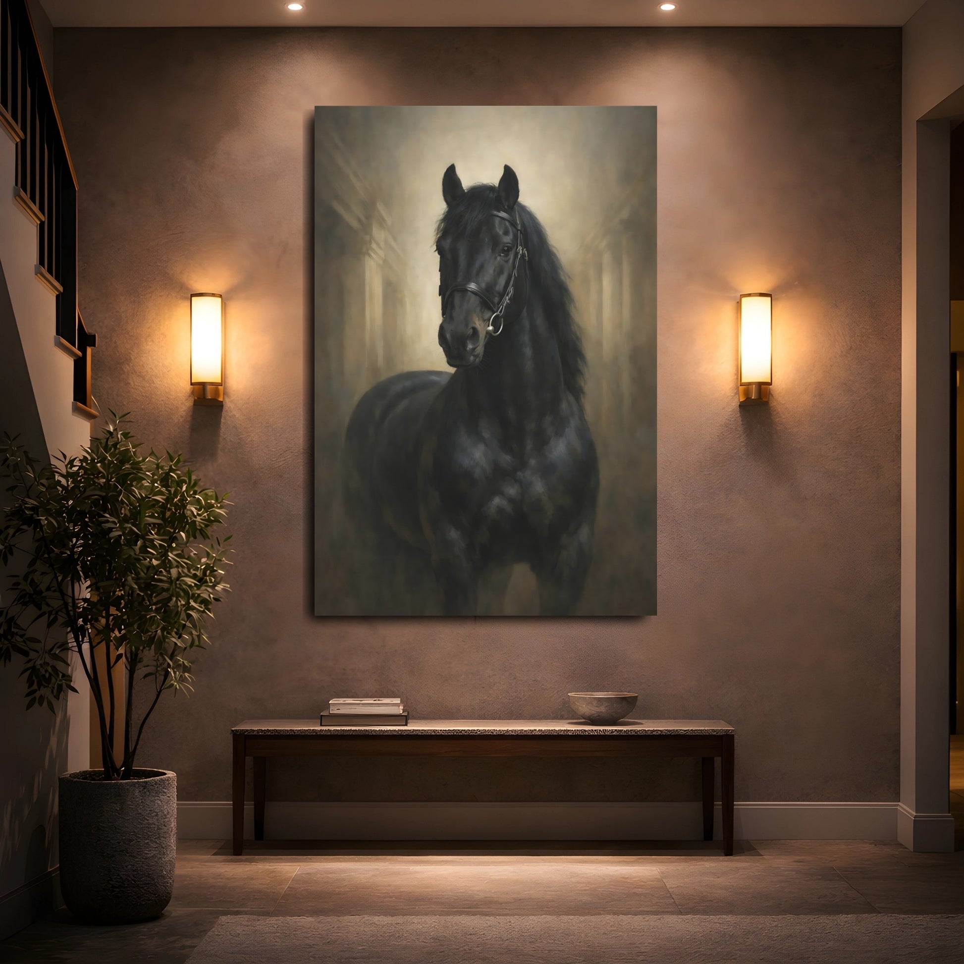 Mockup 4. Animals Black Horse Black And Gold Horse shown as stretched canvas wall art