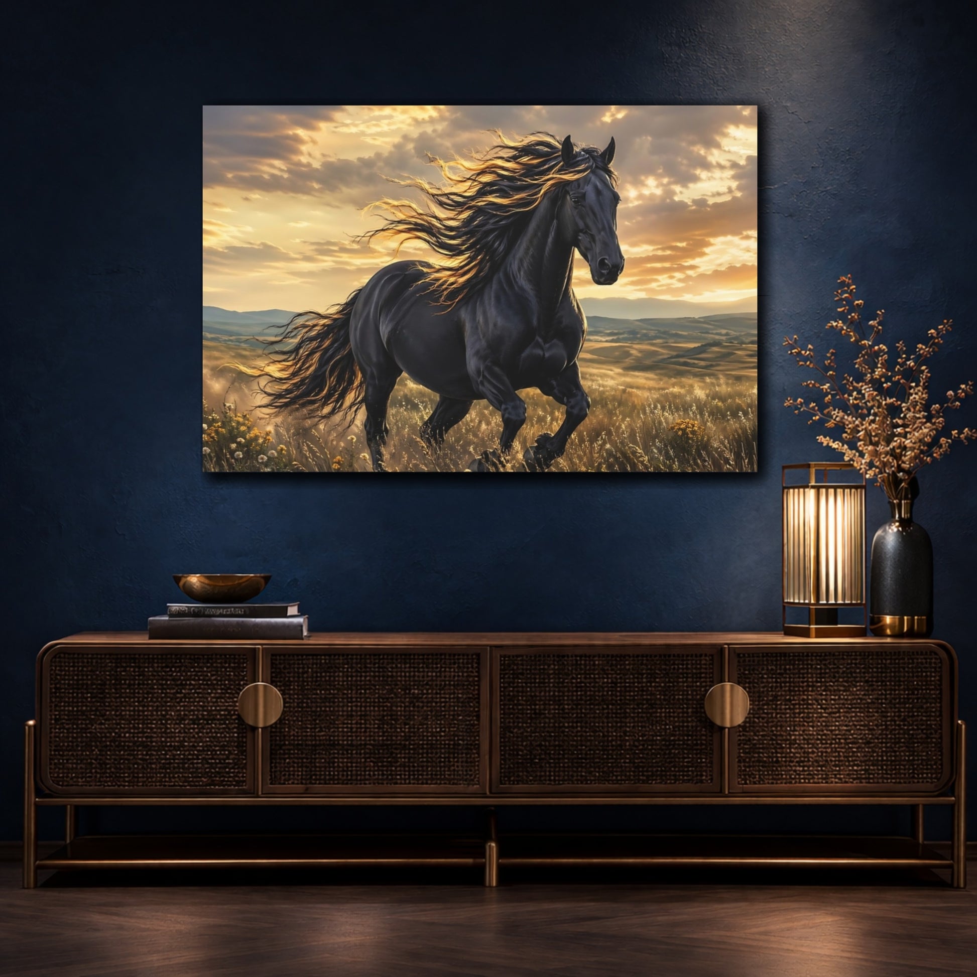 Mockup 4. Animals Black Horse Black And Gold Horse shown as stretched canvas wall art