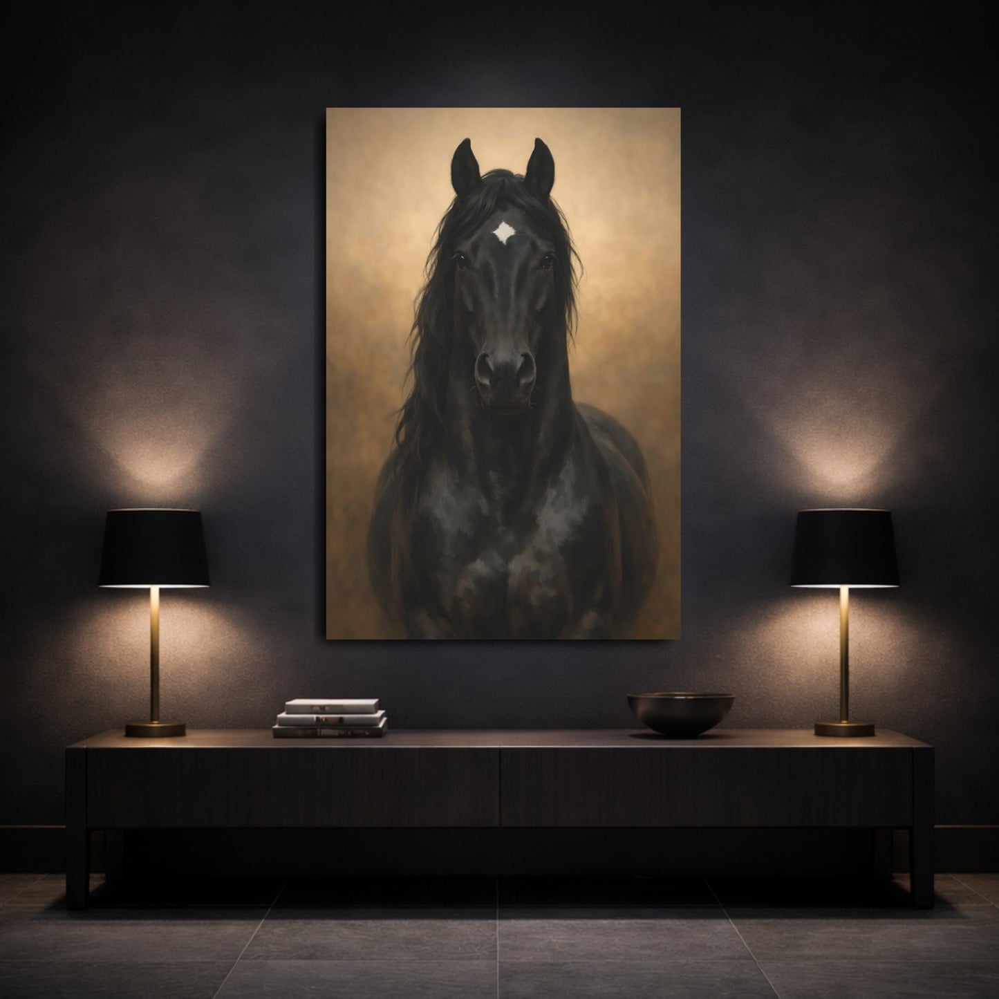 Animals Black Horse Black And Gold shown as front canvas room wall art