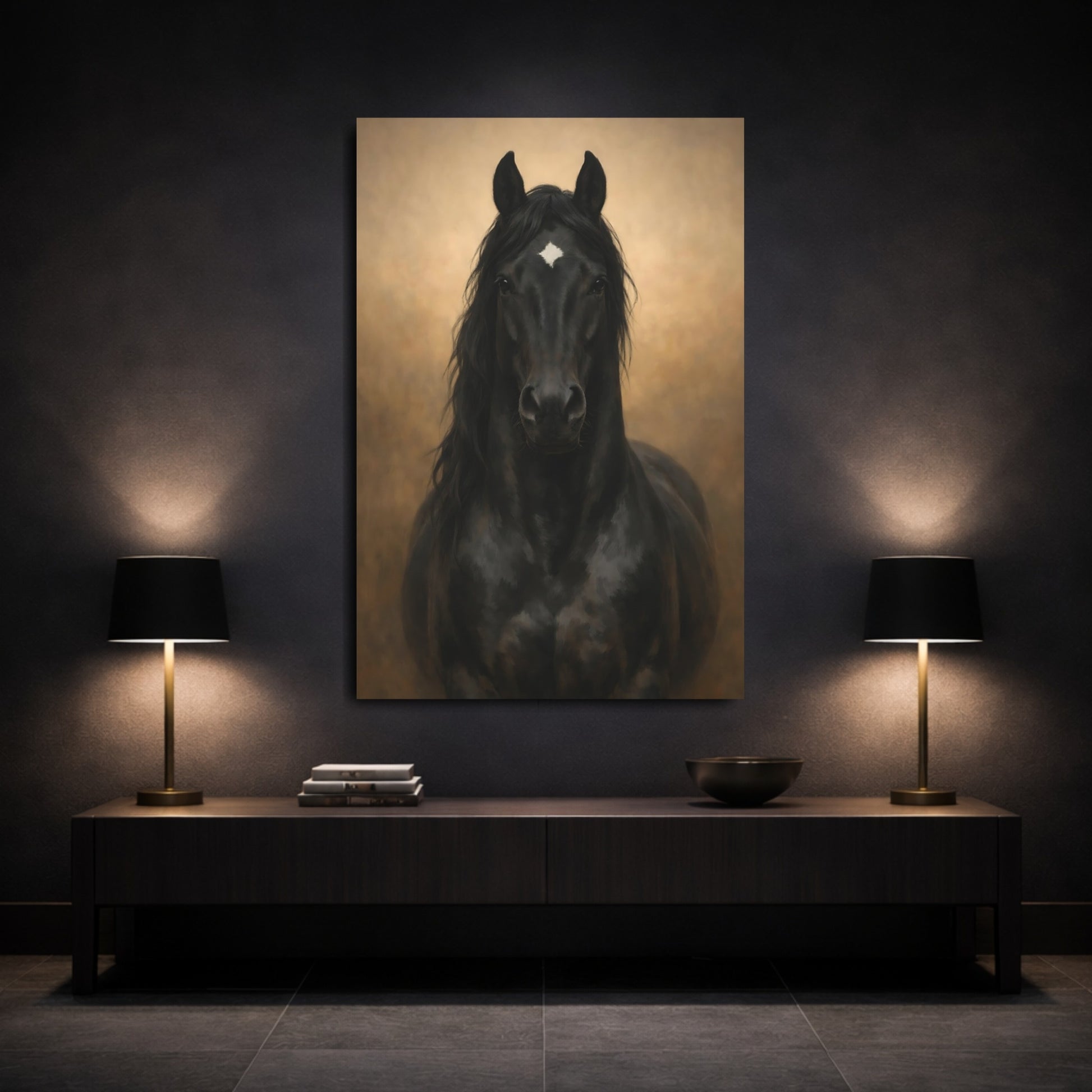 Animals Black Horse Black And Gold shown as front canvas room wall art