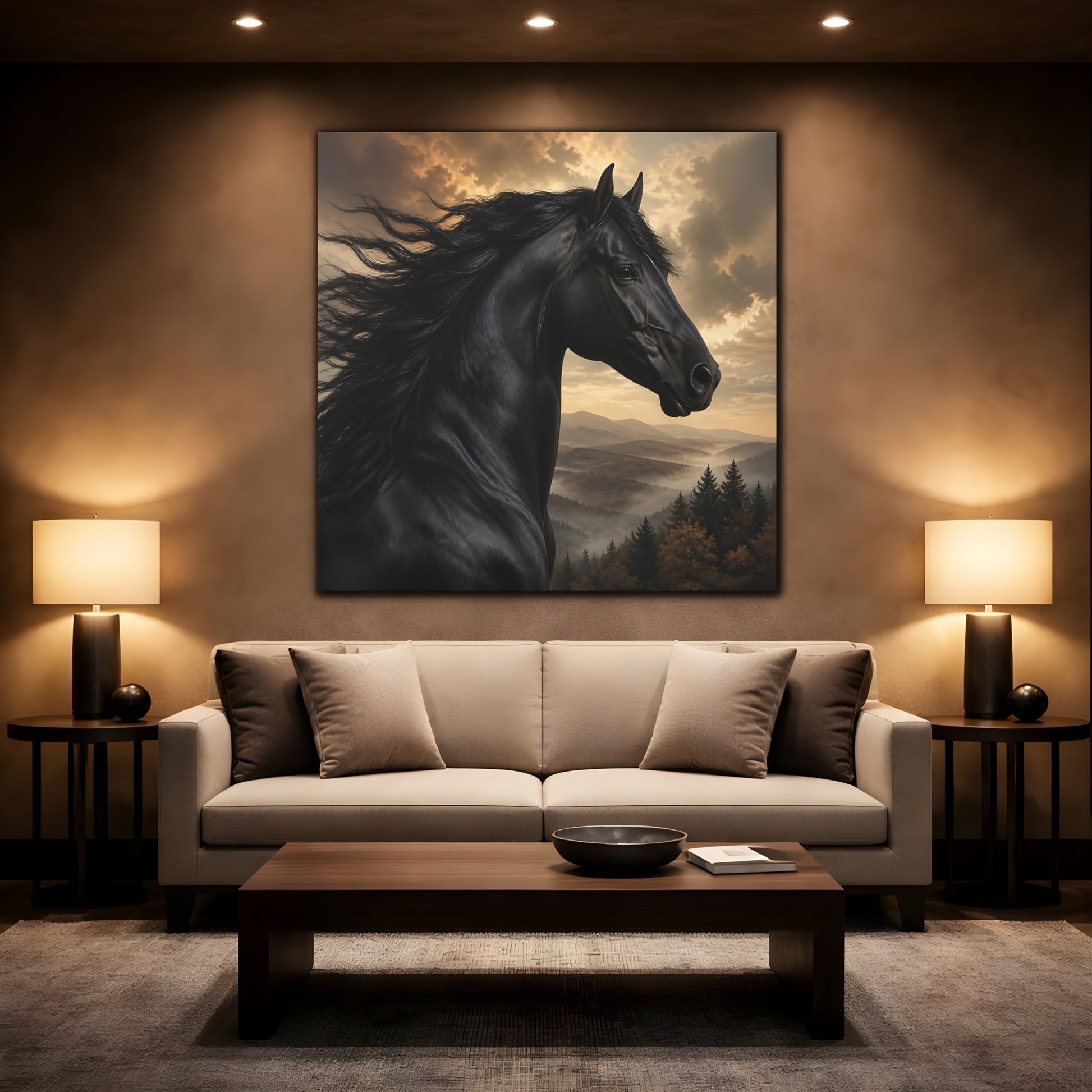 Mockup 2. Animals Black Horse Black And Gold shown as stretched canvas wall art