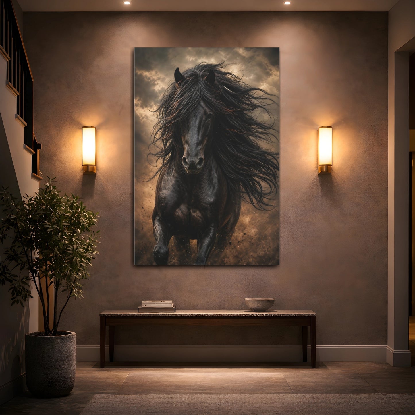 Mockup 2. Animals Black Horse Black And Gold shown as stretched canvas wall art