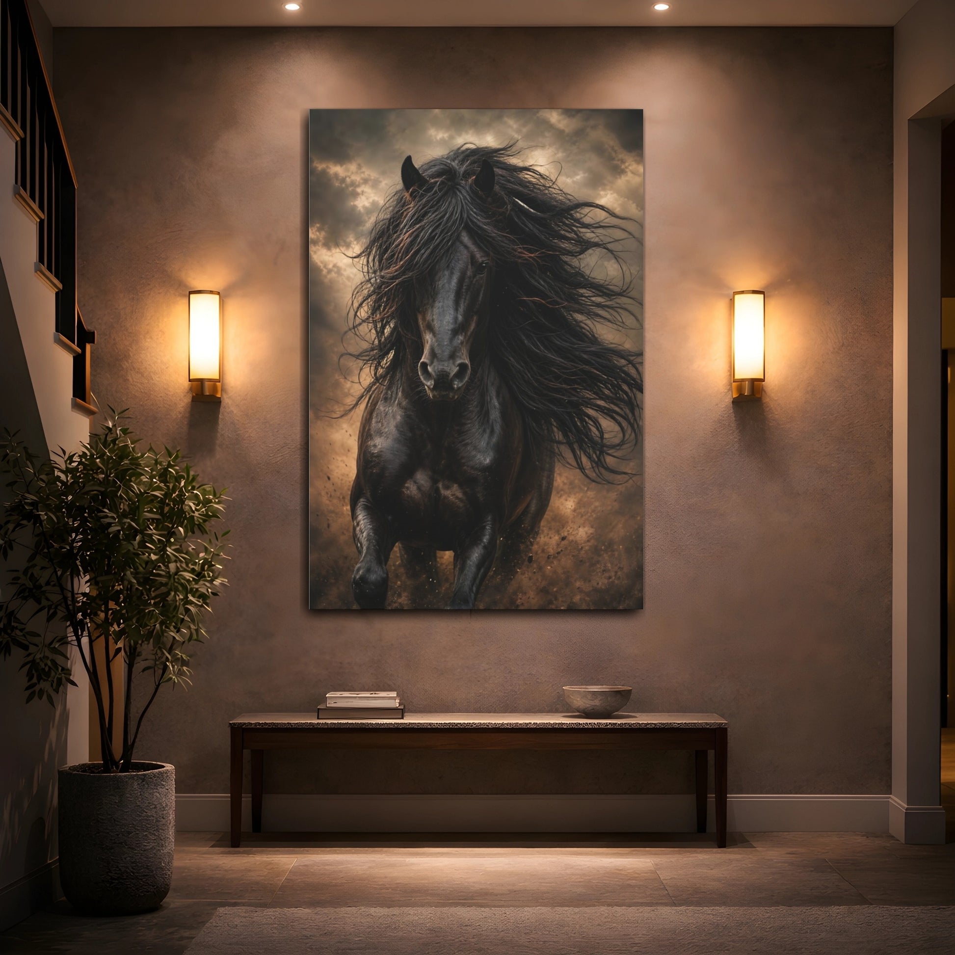 Mockup 2. Animals Black Horse Black And Gold shown as stretched canvas wall art