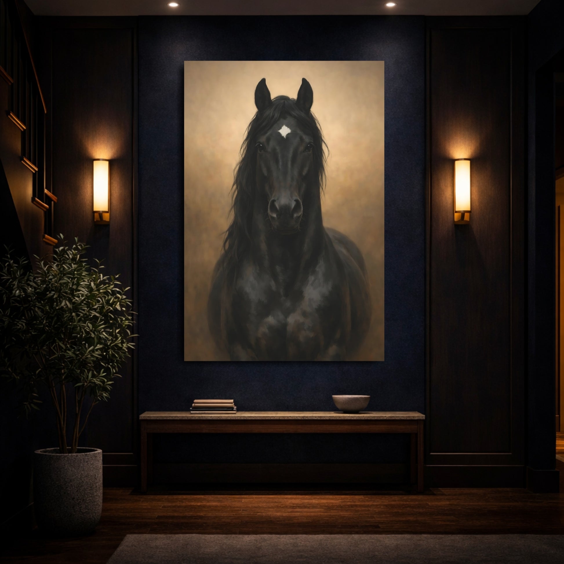 Animals Black Horse Black And Gold shown as front canvas room wall art