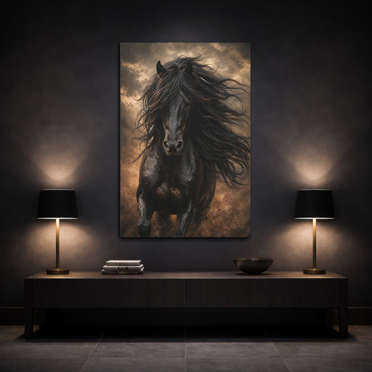 Mockup 3. Animals Black Horse Black And Gold shown as stretched canvas wall art