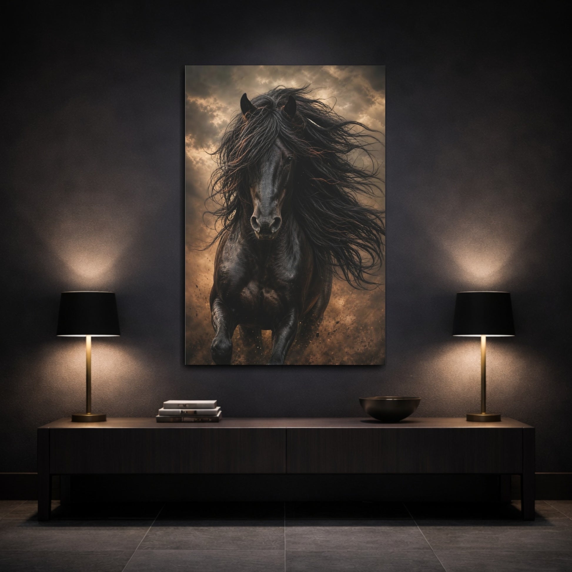 Mockup 3. Animals Black Horse Black And Gold shown as stretched canvas wall art