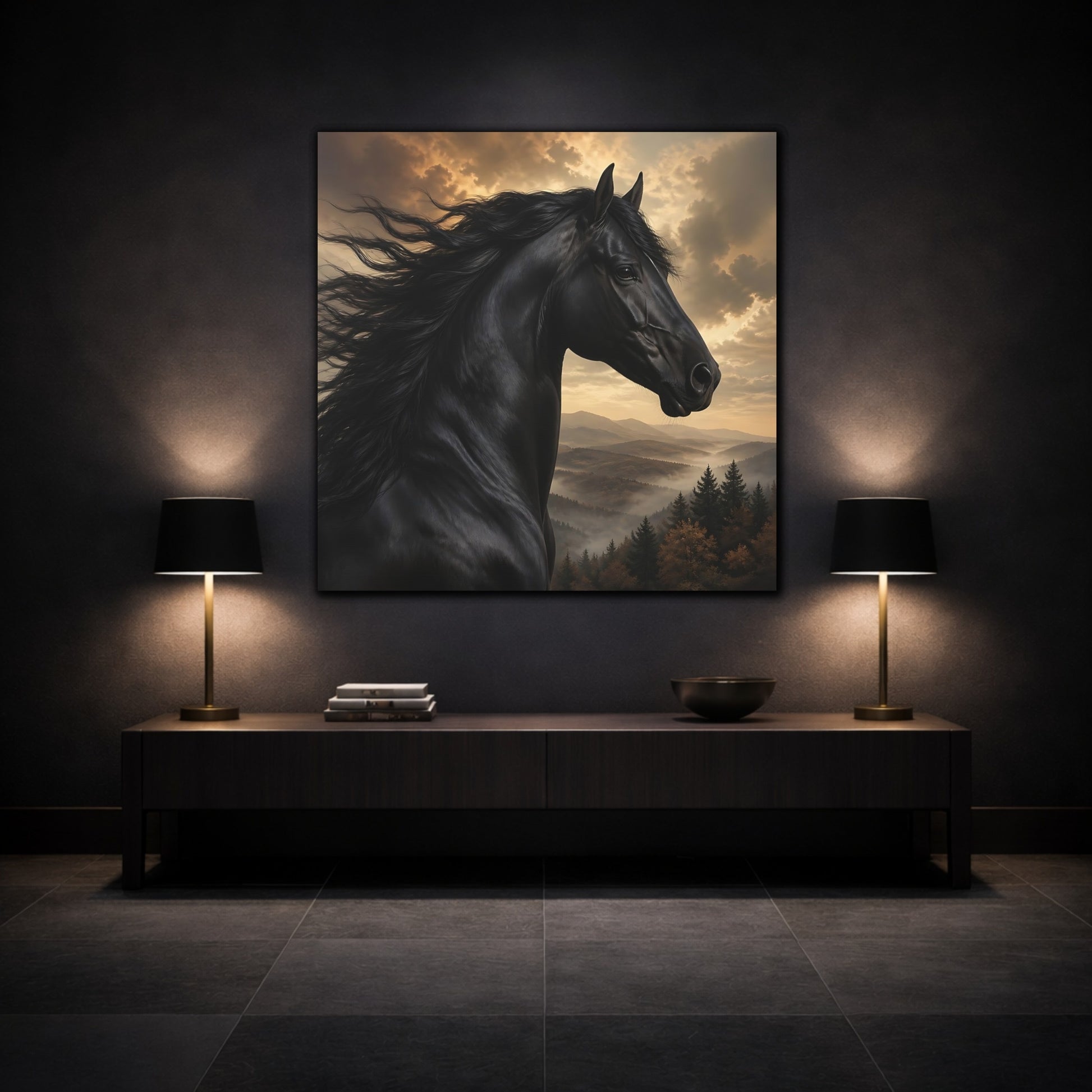Mockup 3. Animals Black Horse Black And Gold shown as stretched canvas wall art