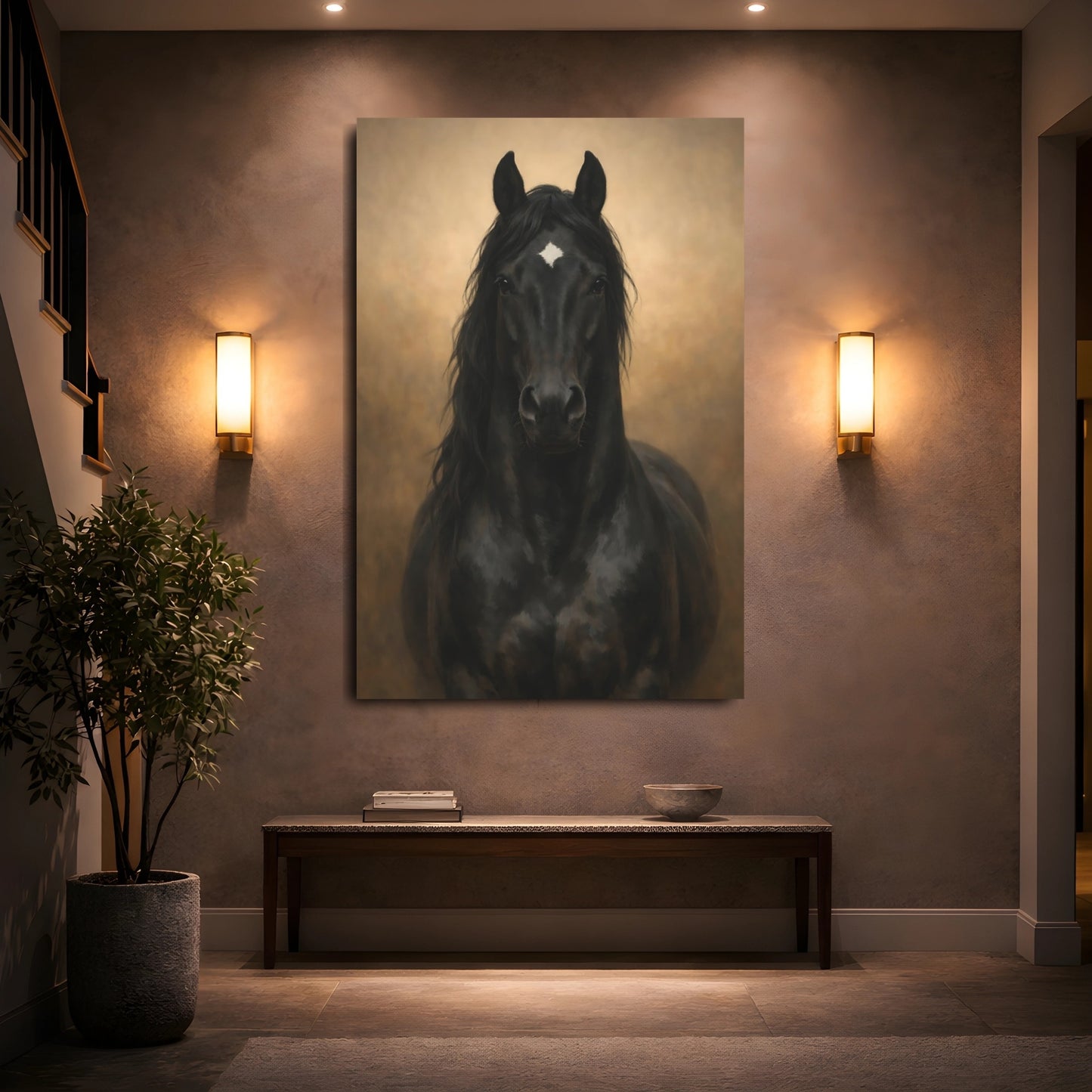 Animals Black Horse Black And Gold shown as front canvas room wall art