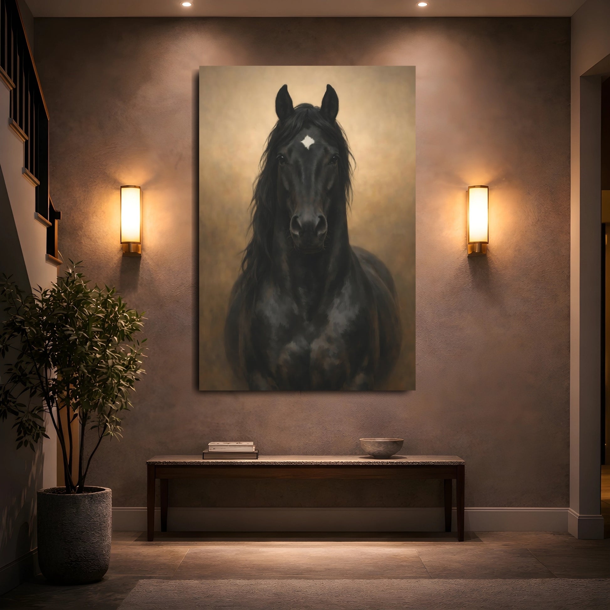 Animals Black Horse Black And Gold shown as front canvas room wall art