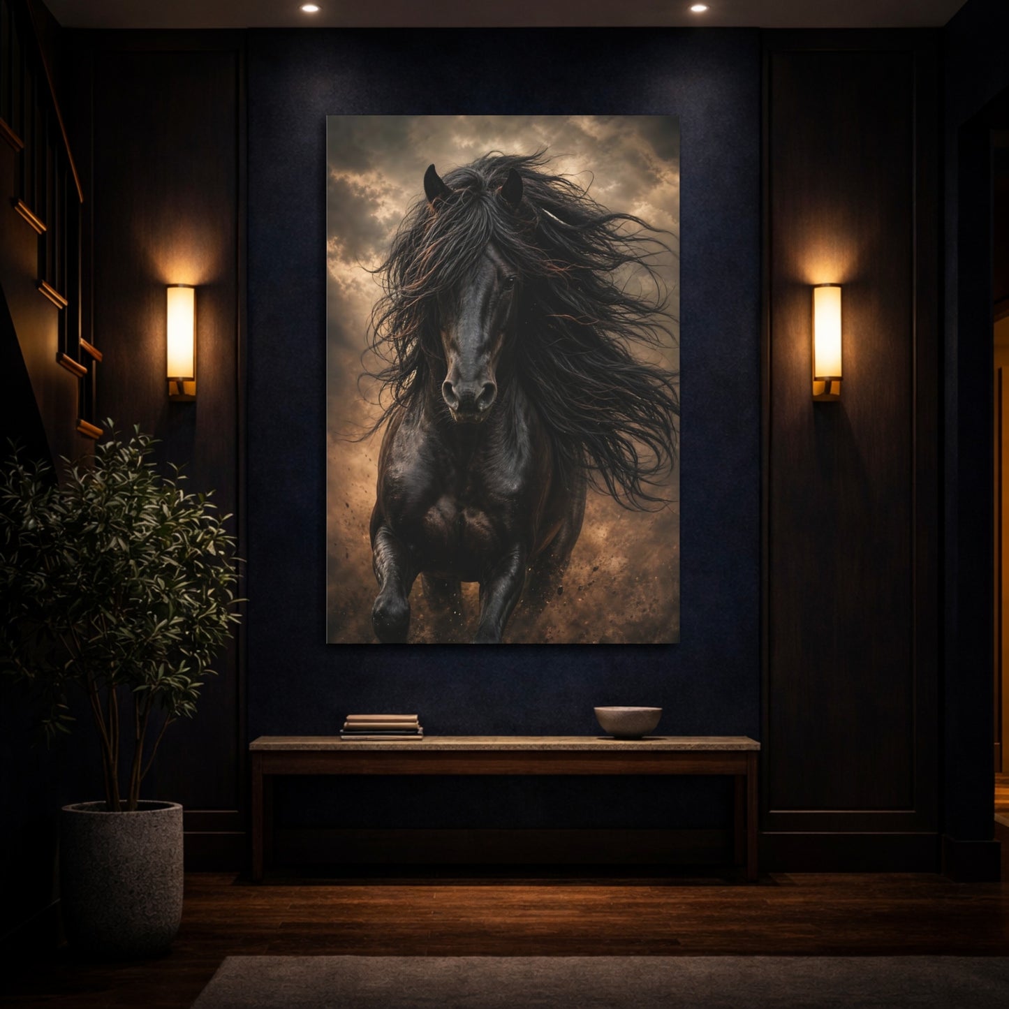 Mockup 4. Animals Black Horse Black And Gold shown as stretched canvas wall art