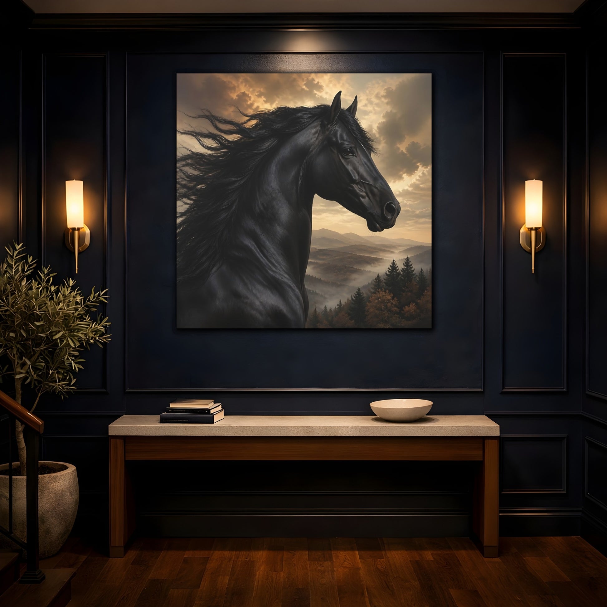 Mockup 4. Animals Black Horse Black And Gold shown as stretched canvas wall art