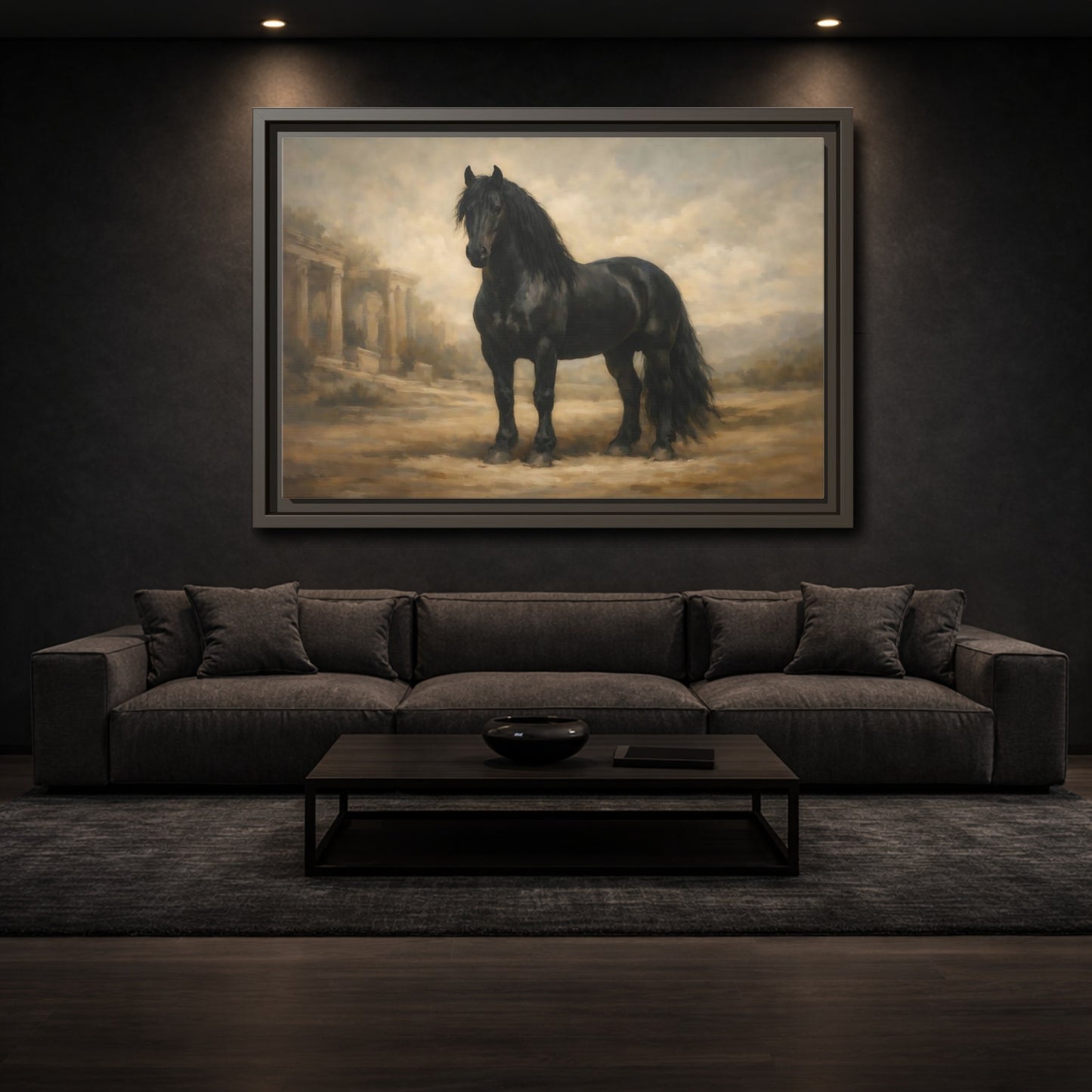 Mockup 2. Animals Black Horse Black And Tan shown as stretched canvas wall art